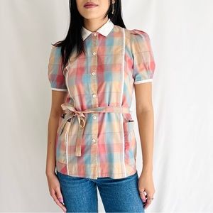 Vintage 1970s Plaid Short Puff Sleeve Button Up Top Size Small